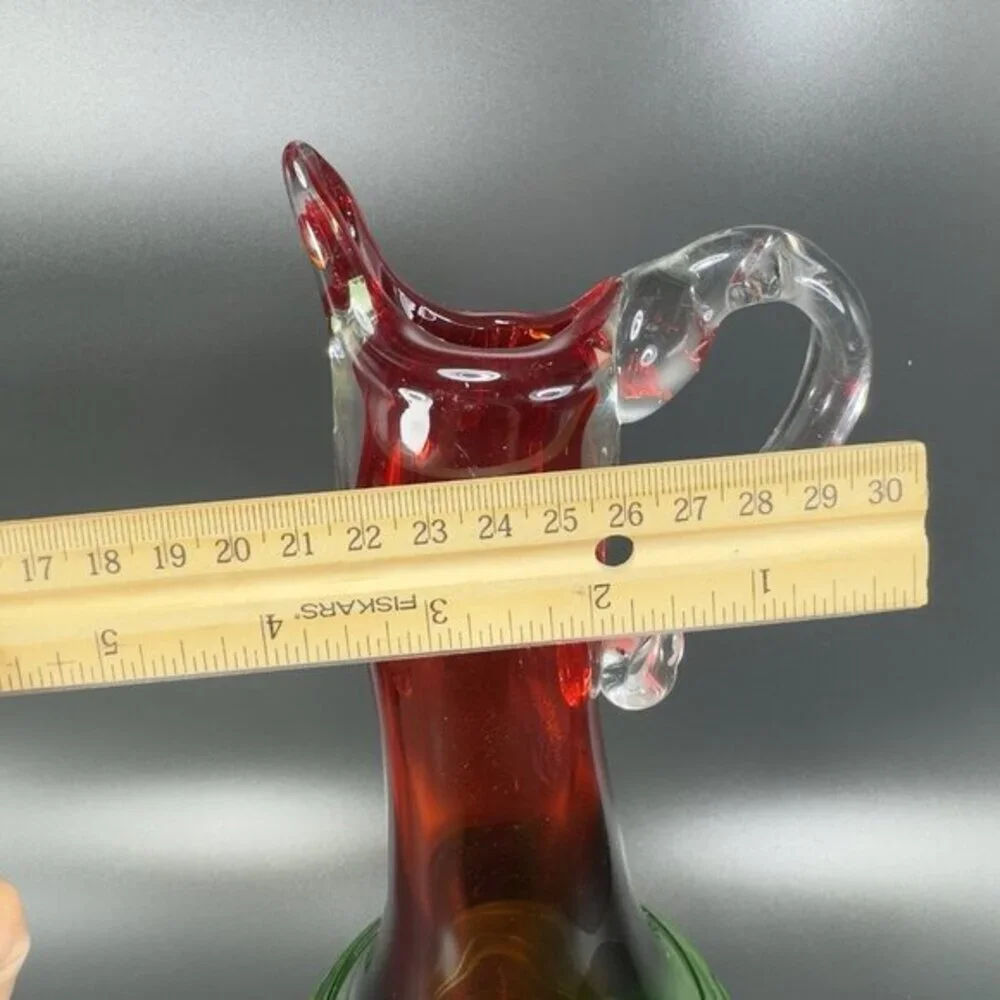 Heavy Hand Blown Glass Pitcher Vase Carafe Multicolor Applied Swirl Glass‎ Decor
